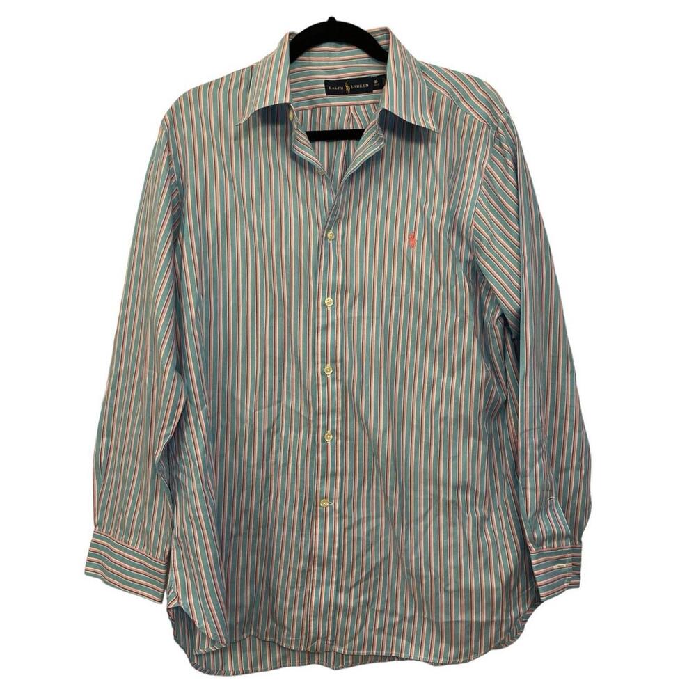 Ralph Lauren Men’s Large Button Down Dress Shirt Pink‎ Blue Striped